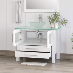 Cambridge Plumbing 8111BW 36" Single Bathroom Vanity in White with Tempered Glass Top and Vessel Sink, Matching Mirror, Open Doors with Brushed Nickel Faucet