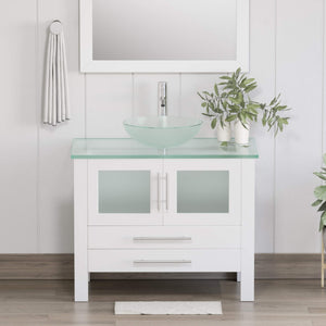 Cambridge Plumbing 8111BW 36" Single Bathroom Vanity in White with Tempered Glass Top and Vessel Sink, Matching Mirror, Rendered Front View with Chrome Faucet