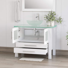 Load image into Gallery viewer, Cambridge Plumbing 8111BW 36&quot; Single Bathroom Vanity in White with Tempered Glass Top and Vessel Sink, Matching Mirror, Open Doors with Chrome Faucet