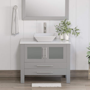 Cambridge Plumbing 8111G 36" Single Bathroom Vanity in Gray with White Porcelain Top and Vessel Sink, Matching Mirror, Rendered Front View with Brushed Nickel Faucet