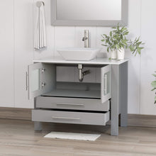Load image into Gallery viewer, Cambridge Plumbing 8111G 36&quot; Single Bathroom Vanity in Gray with White Porcelain Top and Vessel Sink, Matching Mirror, Open Doors with Brushed Nickel Faucet