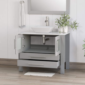 Cambridge Plumbing 8111G 36" Single Bathroom Vanity in Gray with White Porcelain Top and Vessel Sink, Matching Mirror, Open Doors with Brushed Nickel Faucet
