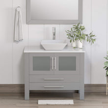 Load image into Gallery viewer, Cambridge Plumbing 8111G 36&quot; Single Bathroom Vanity in Gray with White Porcelain Top and Vessel Sink, Matching Mirror, Rendered Front View with Chrome Faucet