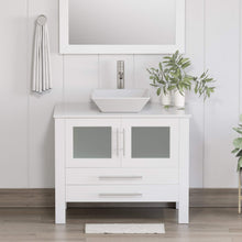 Load image into Gallery viewer, Cambridge Plumbing 8111W 36&quot; Single Bathroom Vanity in White with White Porcelain Top and Vessel Sink, Matching Mirror, Rendered Front View with Brushed Nickel Faucet