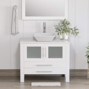 Cambridge Plumbing 8111W 36" Single Bathroom Vanity in White with White Porcelain Top and Vessel Sink, Matching Mirror, Rendered Front View with Brushed Nickel Faucet