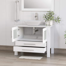 Load image into Gallery viewer, Cambridge Plumbing 8111W 36&quot; Single Bathroom Vanity in White with White Porcelain Top and Vessel Sink, Matching Mirror, Open Doors with Brushed Nickel Faucet