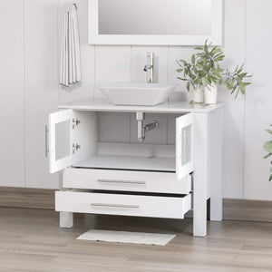 Cambridge Plumbing 8111W 36" Single Bathroom Vanity in White with White Porcelain Top and Vessel Sink, Matching Mirror, Open Doors with Chrome Facuet