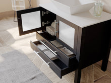 Load image into Gallery viewer, Cambridge Plumbing 8111 36&quot; Single Bathroom Vanity in Espresso with White Porcelain Top and Vessel Sink, Matching Mirror, Open Doors and Drawers