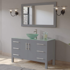 Cambridge Plumbing 8116B-G 48" Single Bathroom Vanity in Gray with Tempered Glass Top and Vessel Sink, Matching Mirror, Angled View with Brushed Nickel Faucet
