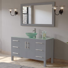 Load image into Gallery viewer, Cambridge Plumbing 8116B-G 48&quot; Single Bathroom Vanity in Gray with Tempered Glass Top and Vessel Sink, Matching Mirror, Angled View with Chrome Faucet