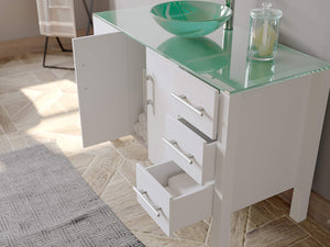 Cambridge Plumbing 8116B-W 48" Single Bathroom Vanity in White with Tempered Glass Top and Vessel Sink, Matching Mirror, Open Doors and Drawers