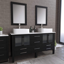 Load image into Gallery viewer, Cambridge Plumbing 8119 63&quot; Double Bathroom Vanity in Espresso with White Porcelain Top and Vessel Sinks, Matching Mirrors, Angled Rendering with Brushed Nickel Faucets