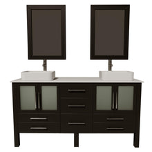 Load image into Gallery viewer, Cambridge Plumbing 8119 63&quot; Double Bathroom Vanity in Espresso with White Porcelain Top and Vessel Sinks, Matching Mirrors, Front View with Brushed Nickel Faucets