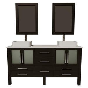 Cambridge Plumbing 8119 63" Double Bathroom Vanity in Espresso with White Porcelain Top and Vessel Sinks, Matching Mirrors, Front View with Brushed Nickel Faucets
