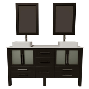Cambridge Plumbing 8119 63" Double Bathroom Vanity in Espresso with White Porcelain Top and Vessel Sinks, Matching Mirrors, Front View with Chrome Faucets