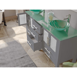 Cambridge Plumbing 8119B-G 63" Double Bathroom Vanity in Gray with Tempered Glass Top and Vessel Sinks, Matching Mirrors, Open Door and Drawers