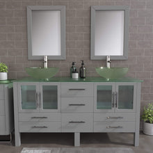 Load image into Gallery viewer, Cambridge Plumbing 8119B-G 63&quot; Double Bathroom Vanity in Gray with Tempered Glass Top and Vessel Sinks, Matching Mirrors, Front View with Brushed Nickel Faucets