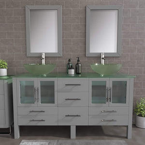Cambridge Plumbing 8119B-G 63" Double Bathroom Vanity in Gray with Tempered Glass Top and Vessel Sinks, Matching Mirrors, Front View with Brushed Nickel Faucets