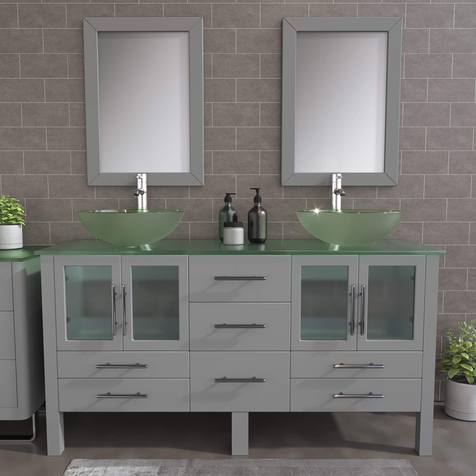 Cambridge Plumbing 8119B-G 63" Double Bathroom Vanity in Gray with Tempered Glass Top and Vessel Sinks, Matching Mirrors, Front View with Chrome Faucets
