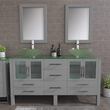 Load image into Gallery viewer, Cambridge Plumbing 8119B-G 63&quot; Double Bathroom Vanity in Gray with Tempered Glass Top and Vessel Sinks, Matching Mirrors, Front View with Chrome Faucets