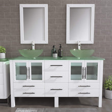 Load image into Gallery viewer, Cambridge Plumbing 8119BW 63&quot; Double Bathroom Vanity in White with Tempered Glass Top and Vessel Sinks, Matching Mirrors, Rendered
