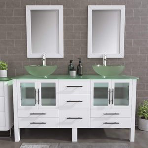 Cambridge Plumbing 8119BW 63" Double Bathroom Vanity in White with Tempered Glass Top and Vessel Sinks, Matching Mirrors, Rendered