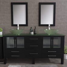 Load image into Gallery viewer, Cambridge Plumbing 8119BXL 72&quot; Double Bathroom Vanity in Espresso with Tempered Glass Top and Vessel Sinks, Matching Mirrors, Front View with Chrome Faucets