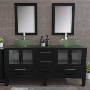 Cambridge Plumbing 8119BXL 72" Double Bathroom Vanity in Espresso with Tempered Glass Top and Vessel Sinks, Matching Mirrors, Front View with Chrome Faucets