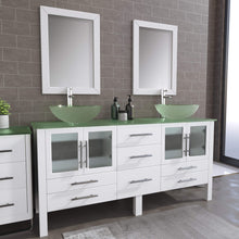 Load image into Gallery viewer, Cambridge Plumbing 8119BXLW 72&quot; Double Bathroom Vanity in White with Tempered Glass Top and Vessel Sinks, Matching Mirrors, Angled Rendering