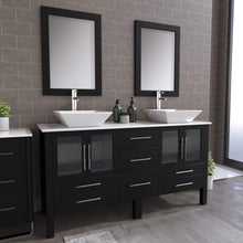 Load image into Gallery viewer, Cambridge Plumbing 8119F 63&quot; Double Bathroom Vanity in Espresso with White Porcelain Top and Vessel Sinks, Matching Mirrors, Angled Rendering