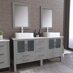 Cambridge Plumbing 8119G 63" Double Bathroom Vanity in Gray with White Porcelain Top and Vessel Sinks, Matching Mirrors, Angled Rendering