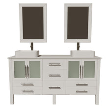 Load image into Gallery viewer, Cambridge Plumbing 8119W 63&quot; Double Bathroom Vanity in White with White Porcelain Top and Vessel Sinks, Matching Mirrors, Front View with Brushed Nickel Faucets