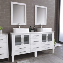 Load image into Gallery viewer, Cambridge Plumbing 8119W 63&quot; Double Bathroom Vanity in White with White Porcelain Top and Vessel Sinks, Matching Mirrors, Angled Rendering
