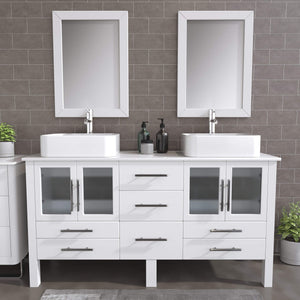 Cambridge Plumbing 8119W 63" Double Bathroom Vanity in White with White Porcelain Top and Vessel Sinks, Matching Mirrors, Rendered
