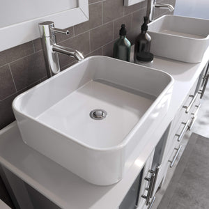 Cambridge Plumbing 8119W 63" Double Bathroom Vanity in White with White Porcelain Top and Vessel Sinks, Matching Mirrors, Countertop and Sinks