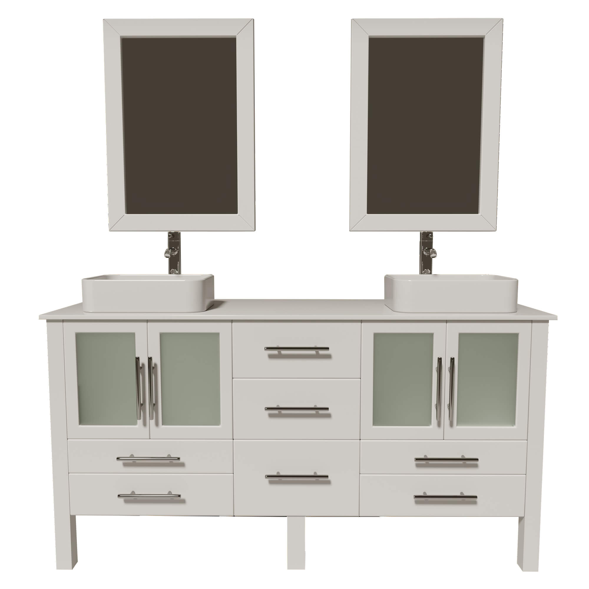 Cambridge Plumbing 8119W 63" Double Bathroom Vanity in White with White Porcelain Top and Vessel Sinks, Matching Mirrors, Front View with Chrome Faucets