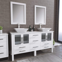 Load image into Gallery viewer, Cambridge Plumbing 8119WF 63&quot; Double Bathroom Vanity in White with White Porcelain Top and Vessel Sinks, Matching Mirrors, Angled Rendering