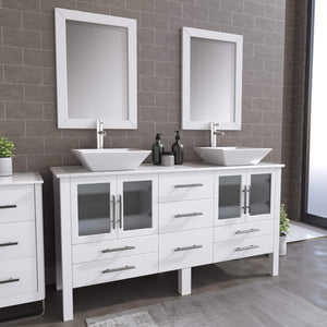 Cambridge Plumbing 8119WF 63" Double Bathroom Vanity in White with White Porcelain Top and Vessel Sinks, Matching Mirrors, Angled Rendering