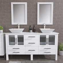 Load image into Gallery viewer, Cambridge Plumbing 8119WF 63&quot; Double Bathroom Vanity in White with White Porcelain Top and Vessel Sinks, Matching Mirrors, Rendered