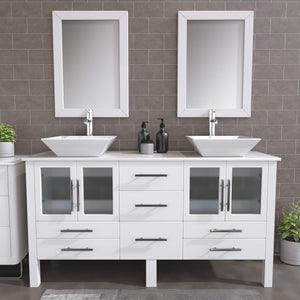 Cambridge Plumbing 8119WF 63" Double Bathroom Vanity in White with White Porcelain Top and Vessel Sinks, Matching Mirrors, Rendered
