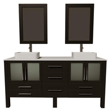 Load image into Gallery viewer, Cambridge Plumbing 8119XL 72&quot; Double Bathroom Vanity in Espresso with White Porcelain Top and Vessel Sinks, Matching Mirrors, Front View with Brushed Nickel Faucets