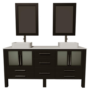 Cambridge Plumbing 8119XL 72" Double Bathroom Vanity in Espresso with White Porcelain Top and Vessel Sinks, Matching Mirrors, Front View with Brushed Nickel Faucets
