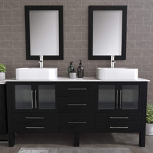 Load image into Gallery viewer, Cambridge Plumbing 8119XL 72&quot; Double Bathroom Vanity in Espresso with White Porcelain Top and Vessel Sinks, Matching Mirrors, Angled Rendering