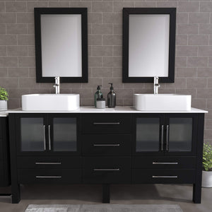 Cambridge Plumbing 8119XL 72" Double Bathroom Vanity in Espresso with White Porcelain Top and Vessel Sinks, Matching Mirrors, Angled Rendering