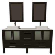 Load image into Gallery viewer, Cambridge Plumbing 8119XL 72&quot; Double Bathroom Vanity in Espresso with White Porcelain Top and Vessel Sinks, Matching Mirrors, Front View with Chrome Faucets