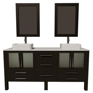 Cambridge Plumbing 8119XL 72" Double Bathroom Vanity in Espresso with White Porcelain Top and Vessel Sinks, Matching Mirrors, Front View with Chrome Faucets