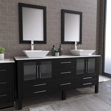 Load image into Gallery viewer, Cambridge Plumbing 8119XLF 72&quot; Double Bathroom Vanity in Espresso with White Porcelain Top and Vessel Sinks, Matching Mirrors, Angled Rendering