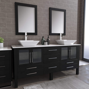 Cambridge Plumbing 8119XLF 72" Double Bathroom Vanity in Espresso with White Porcelain Top and Vessel Sinks, Matching Mirrors, Angled Rendering