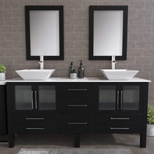 Load image into Gallery viewer, Cambridge Plumbing 8119XLF 72&quot; Double Bathroom Vanity in Espresso with White Porcelain Top and Vessel Sinks, Matching Mirrors, Rendered