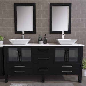 Cambridge Plumbing 8119XLF 72" Double Bathroom Vanity in Espresso with White Porcelain Top and Vessel Sinks, Matching Mirrors, Rendered